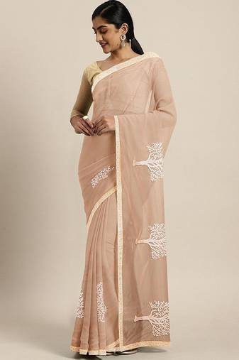 peach peach floral beads and stones saree