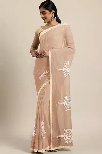 peach peach floral beads and stones saree