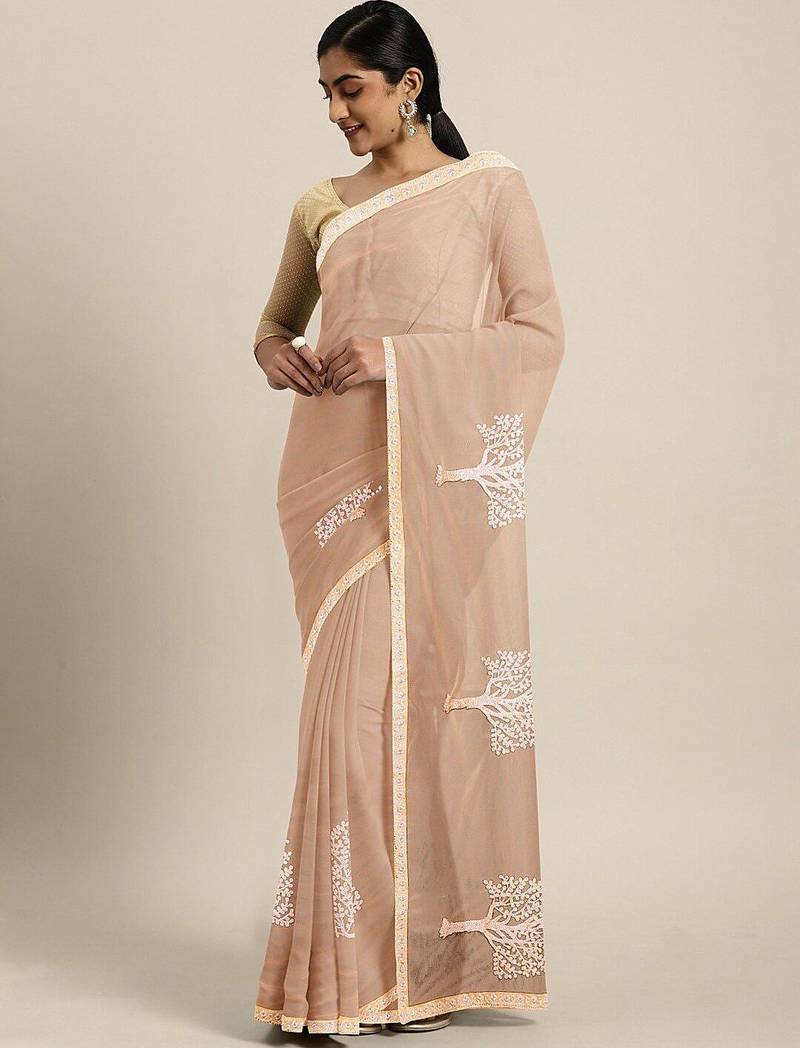 peach peach floral beads and stones saree
