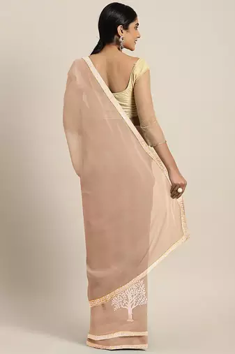 peach peach floral beads and stones saree