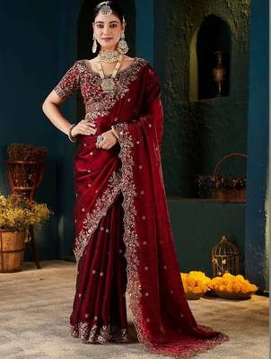 maroon floral embroidered heavy work saree 1