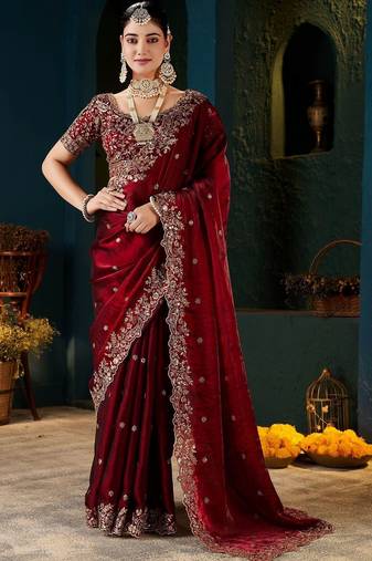 maroon floral embroidered heavy work saree