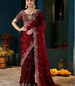 maroon floral embroidered heavy work saree