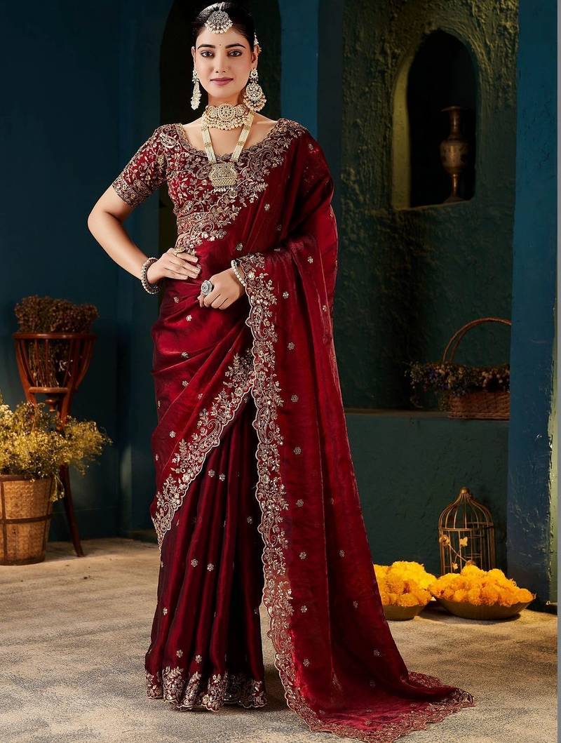 maroon floral embroidered heavy work saree