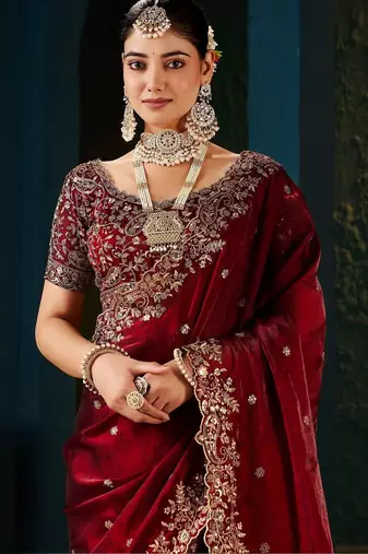 maroon floral embroidered heavy work saree