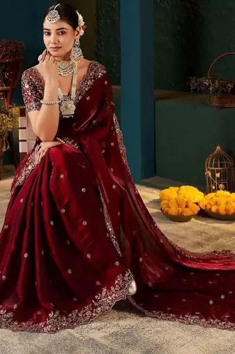 maroon floral embroidered heavy work saree