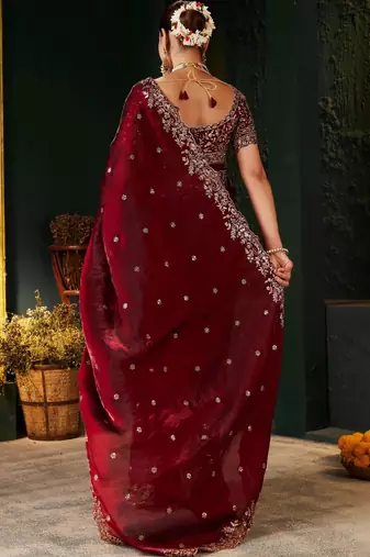 maroon floral embroidered heavy work saree