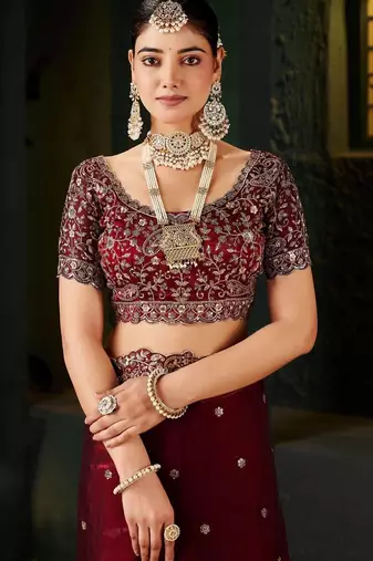 maroon floral embroidered heavy work saree