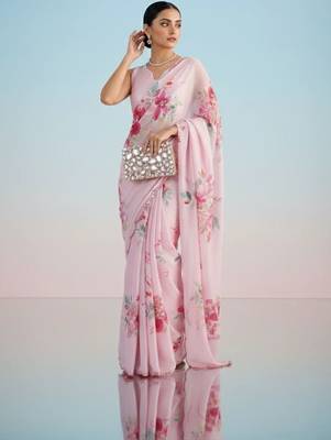 Pink floral sequinned satin saree 1