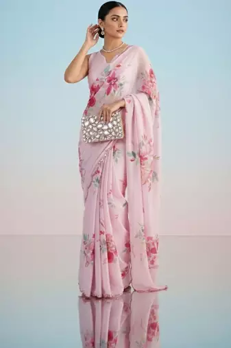 Pink floral sequinned satin saree