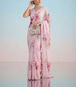 Pink floral sequinned satin saree