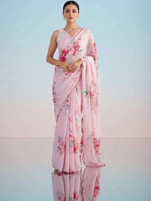 Pink floral sequinned satin saree 2