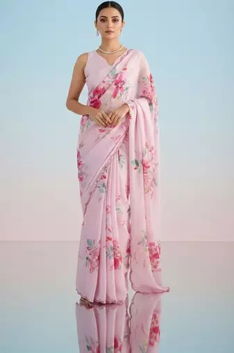 Pink floral sequinned satin saree