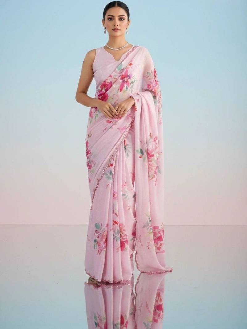 Pink floral sequinned satin saree