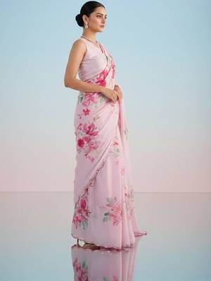 Pink floral sequinned satin saree 3