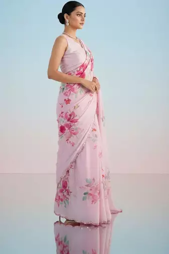 Pink floral sequinned satin saree