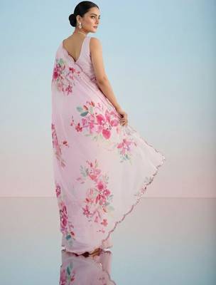 Pink floral sequinned satin saree 4
