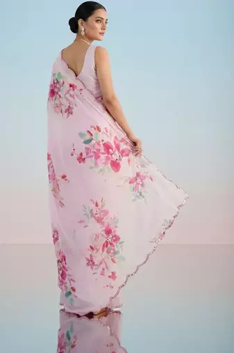 Pink floral sequinned satin saree