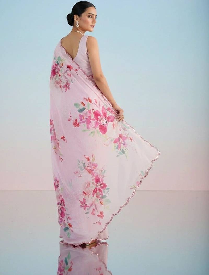 Pink floral sequinned satin saree