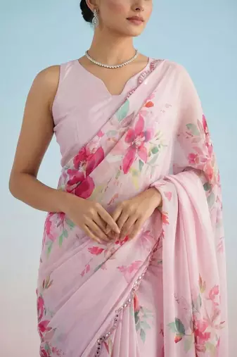 Pink floral sequinned satin saree