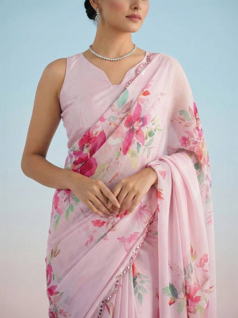 Pink floral sequinned satin saree
