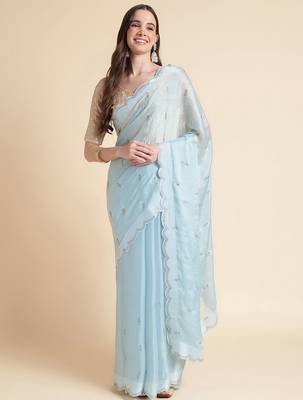 blue blue embellished beads and stones pure chiffon saree 1