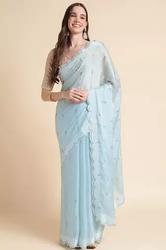 blue blue embellished beads and stones pure chiffon saree