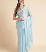 blue blue embellished beads and stones pure chiffon saree