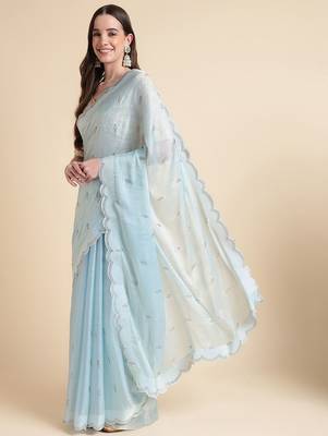 blue blue embellished beads and stones pure chiffon saree 2