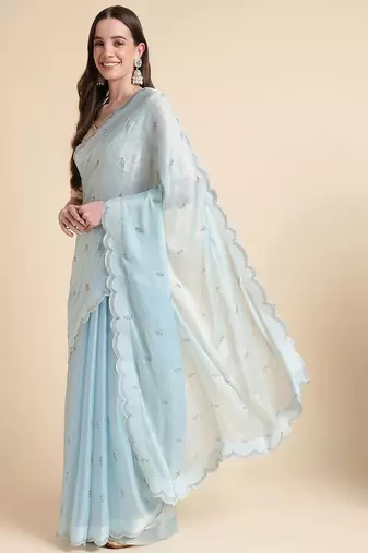 blue blue embellished beads and stones pure chiffon saree