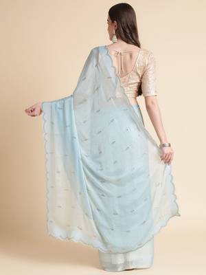 blue blue embellished beads and stones pure chiffon saree 3