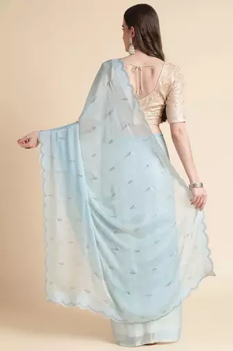 blue blue embellished beads and stones pure chiffon saree