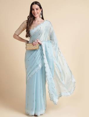 blue blue embellished beads and stones pure chiffon saree 4