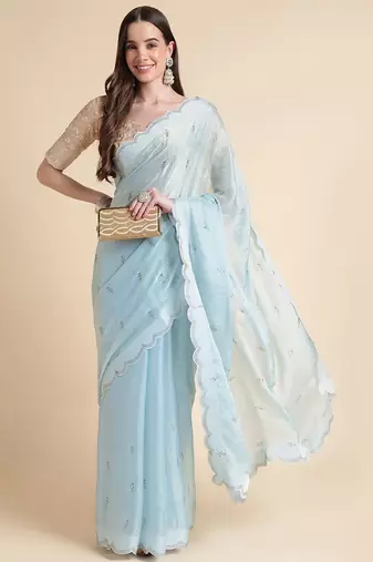 blue blue embellished beads and stones pure chiffon saree