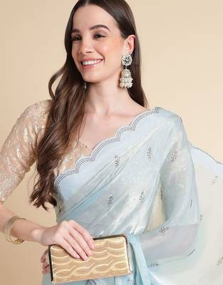 blue blue embellished beads and stones pure chiffon saree 5