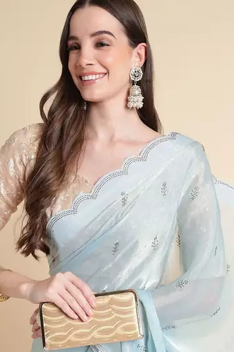 blue blue embellished beads and stones pure chiffon saree