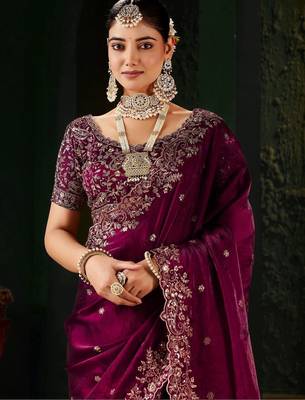 Purple floral embroidered heavy work saree 1