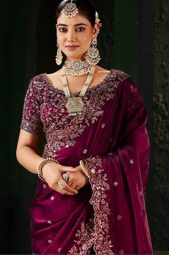 Purple floral embroidered heavy work saree