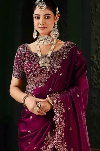 Purple floral embroidered heavy work saree