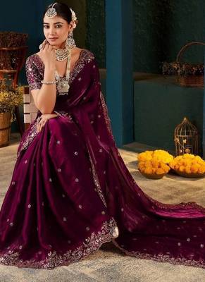 Purple floral embroidered heavy work saree 2