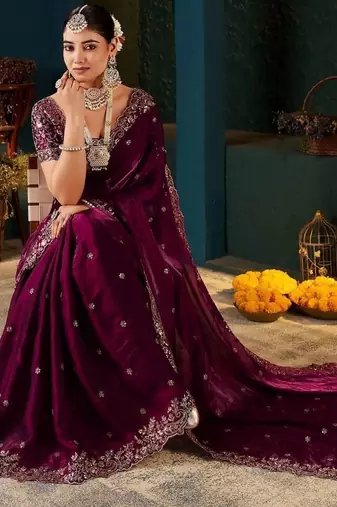 Purple floral embroidered heavy work saree
