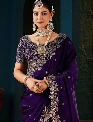 Purple ethnic motifs zari heavy work saree 1