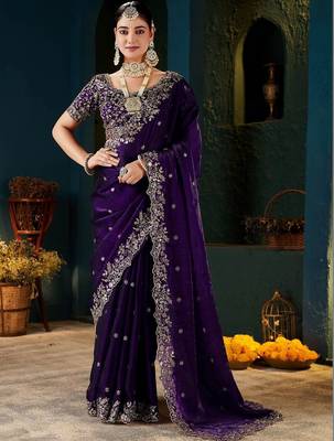 Purple ethnic motifs zari heavy work saree 2