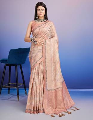 peach aari work pure cotton banarasi saree 1