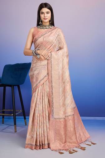peach aari work pure cotton banarasi saree