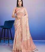 peach aari work pure cotton banarasi saree