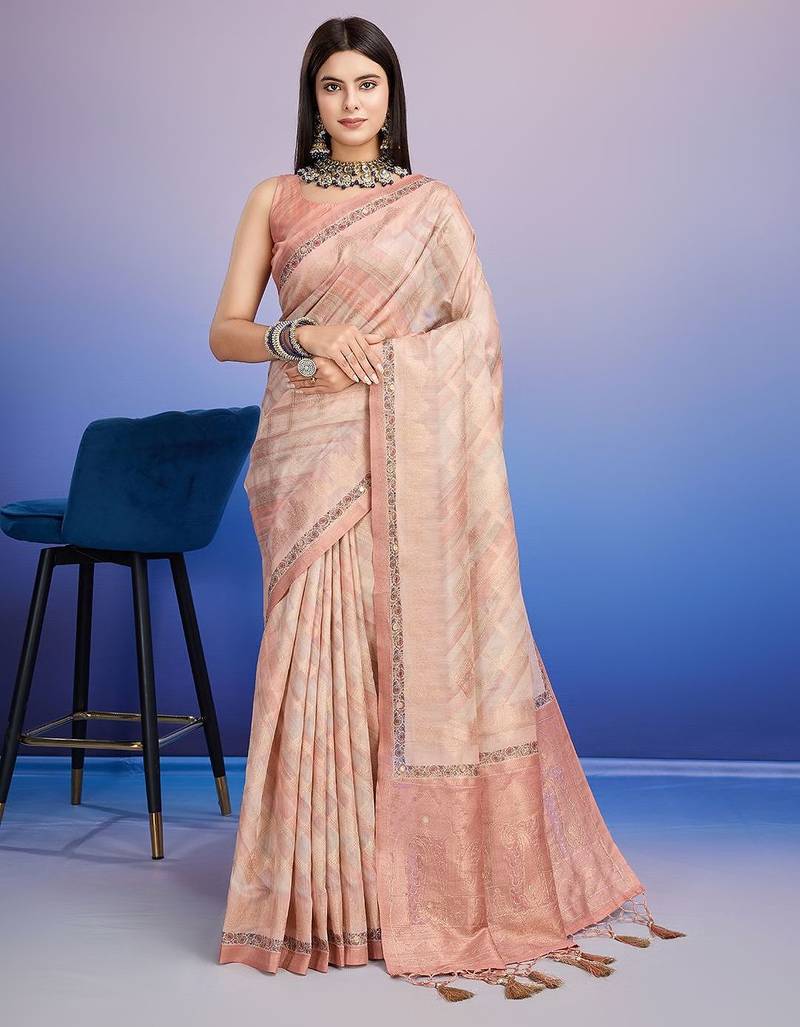 peach aari work pure cotton banarasi saree