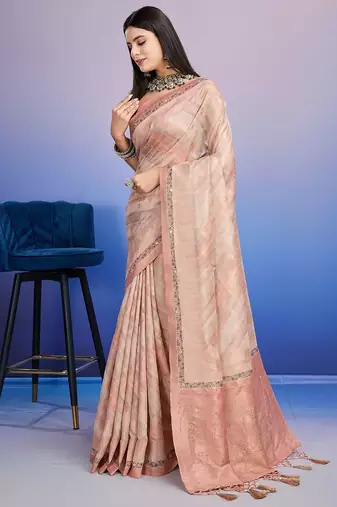 peach aari work pure cotton banarasi saree