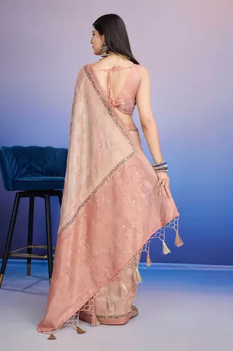 peach aari work pure cotton banarasi saree