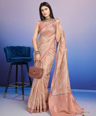peach aari work pure cotton banarasi saree 4